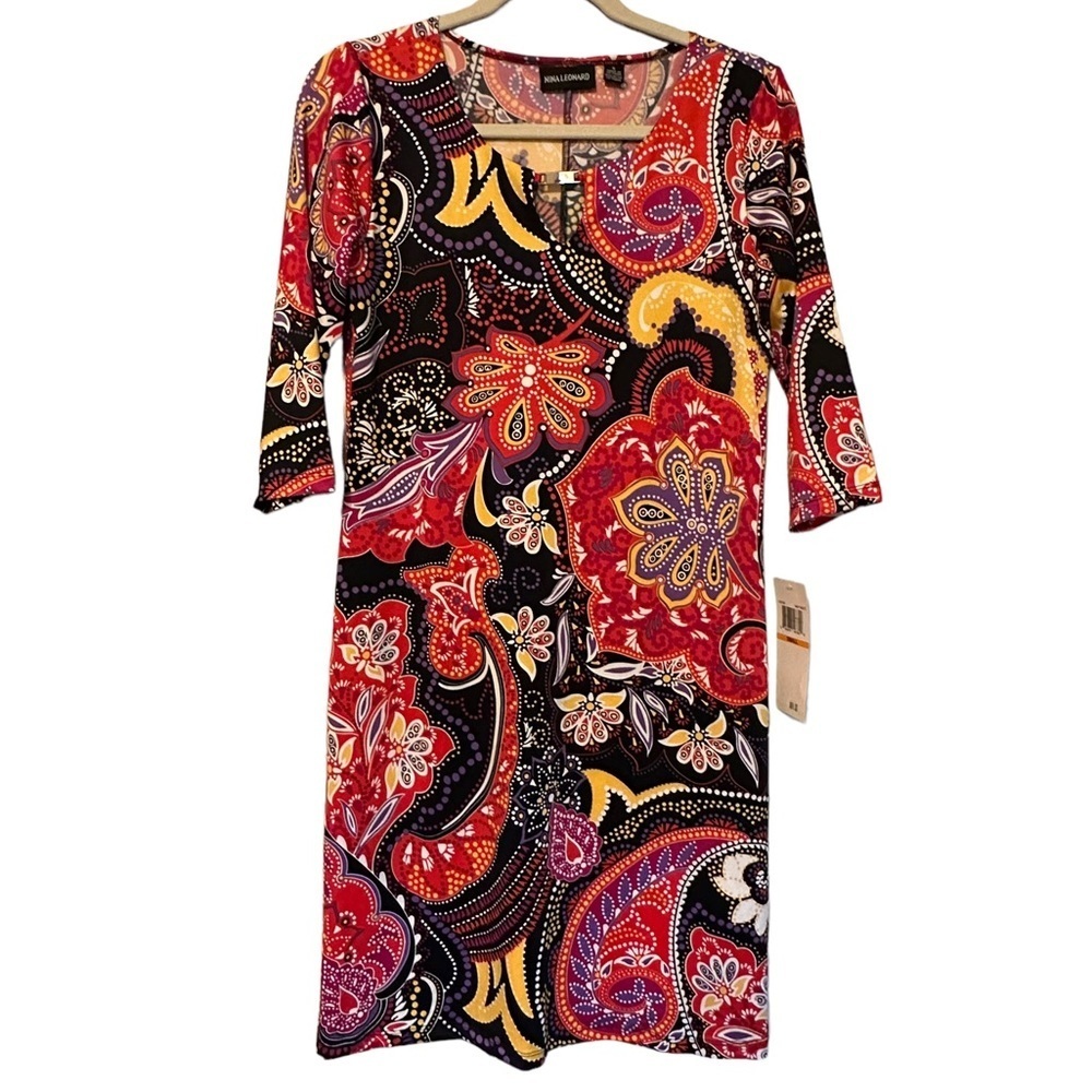 Nina Leonard Paisley Sheath Stretch Dress NWT Small L5915A Flowy Bright Floral